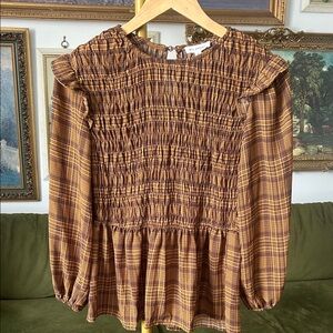 NWT Blu Pepper Brown Checkered Smocked Top